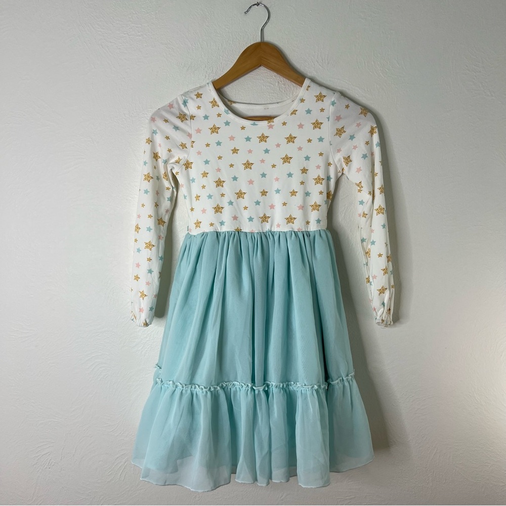 Girl August Star Print Twirl Dress light Blue  Ivory Long Sleeves Ruffle Size 10